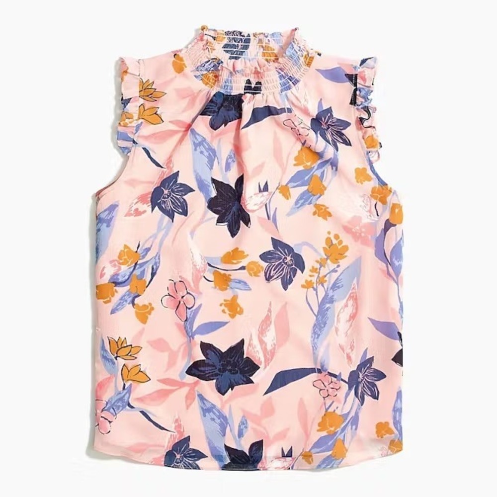 J.Crew Pink Floral Smocked High Neck Ruffle Sleeveless Blouse Top Size 2